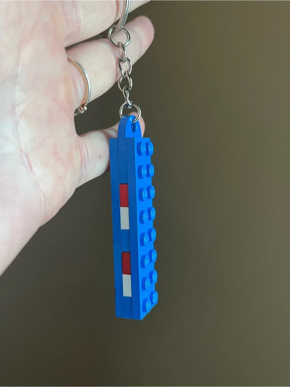 Lego Blue Keychain with Red and White Accents - Handmade